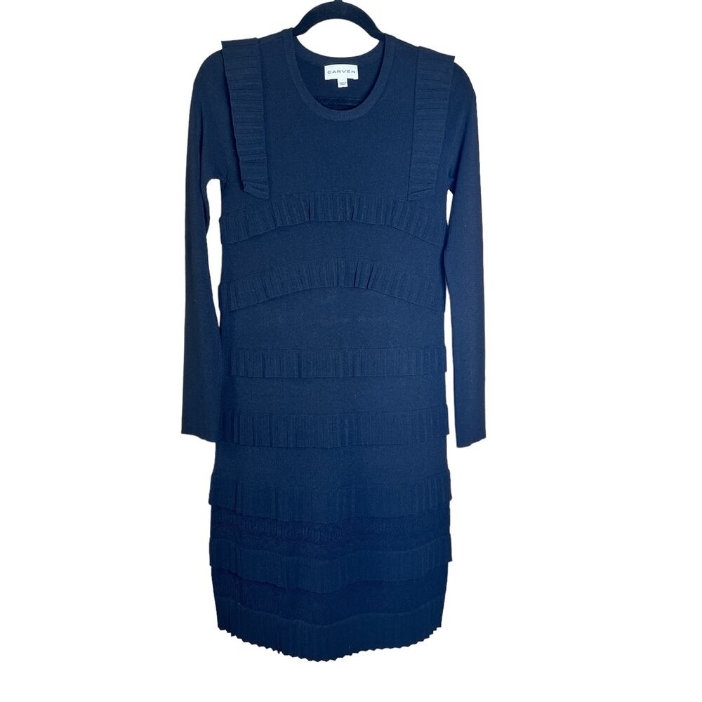 Carven Tiered Ruffle Fitted Dress Long Sleeve Midi Black Size Small